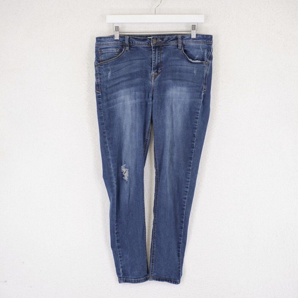 Kensie Jeans Blue Stone Wash Whiskering Factory Distressed Size 10 33/28 Mid Ris